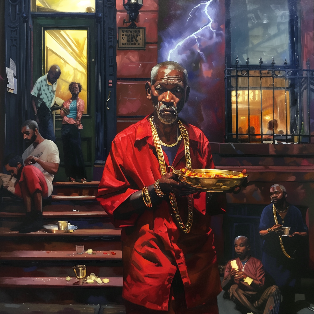 Alchemist holding a plate of food and wearing gold chains, feeding the hungry and poor around his stoop