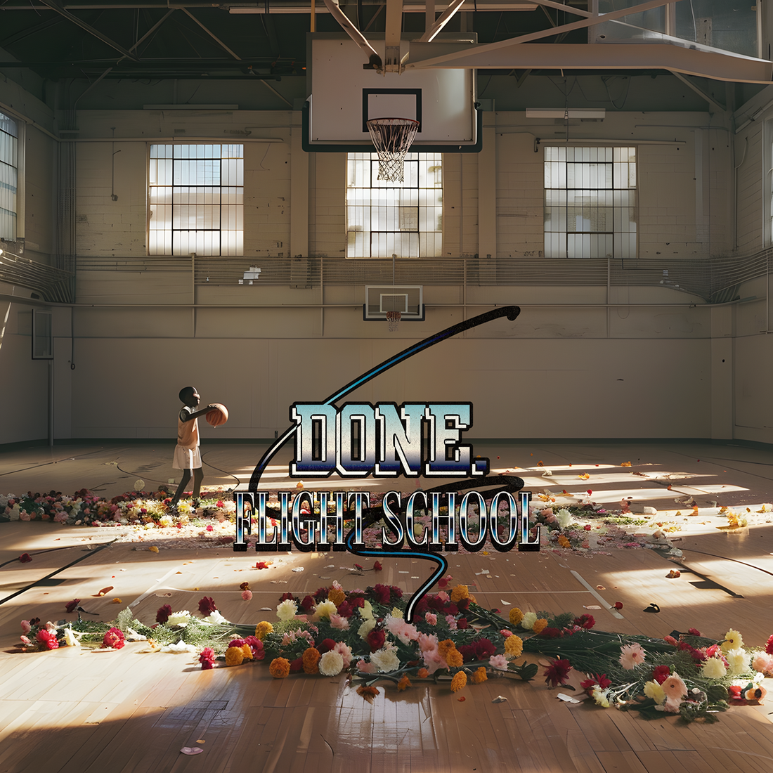 Small black child in an empty basketball court filled with flowers, practicing alone