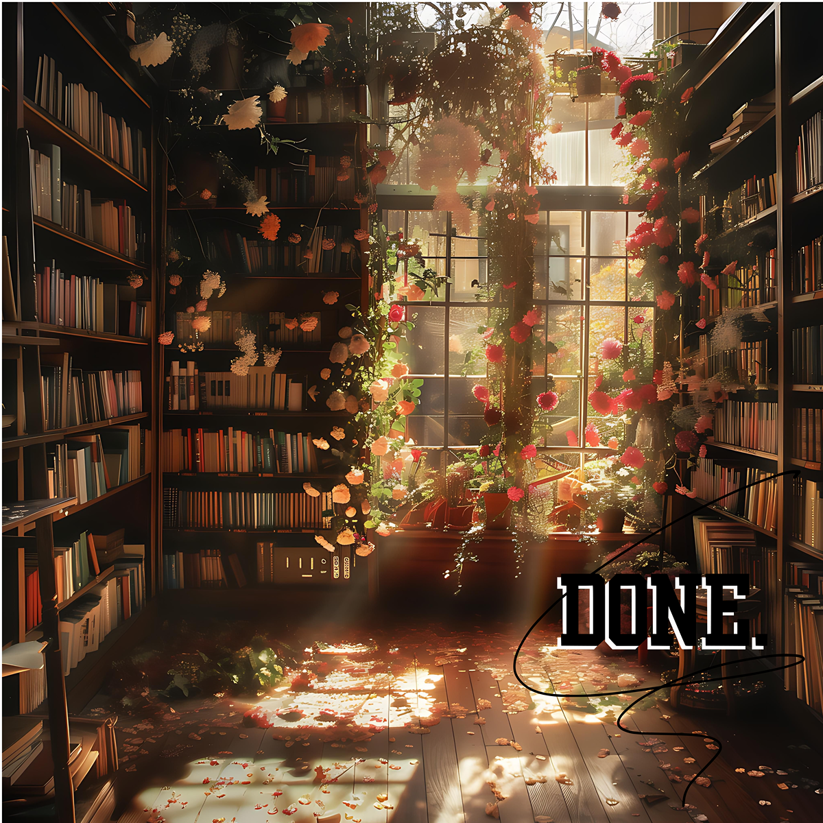 library filled with books and covered in flowers and sunshine, done logo in the corner